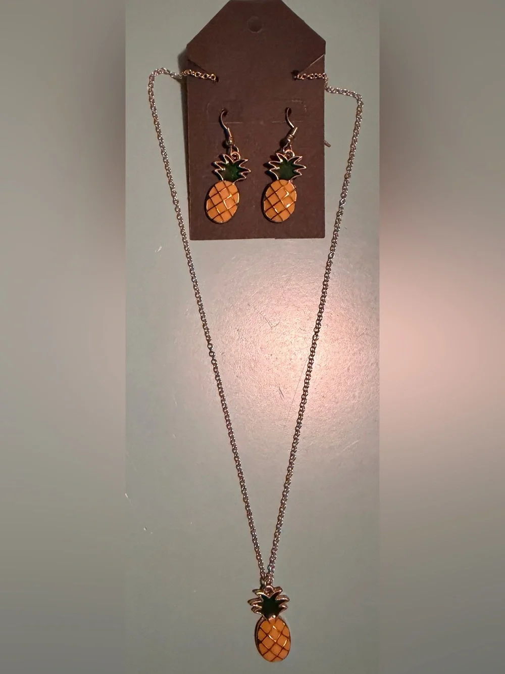Pineapple Pendant Necklace and Earrings Set - Gold Chain & Yellow & Green Enamel